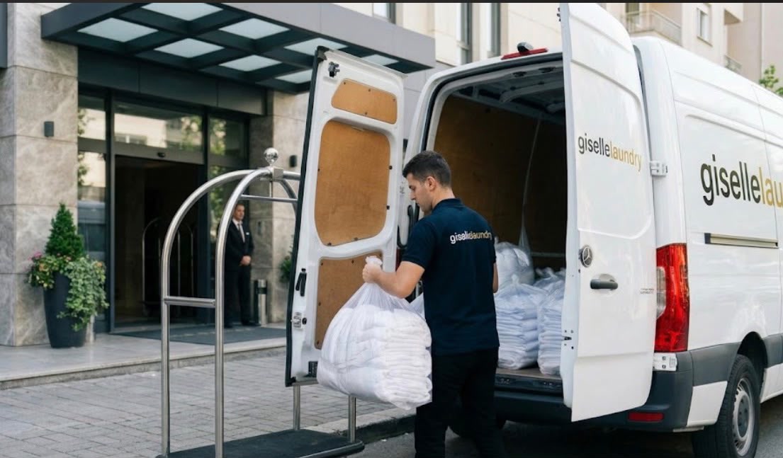 Shoferi i Giselle Laundry duke dorëzuar lino të pastra para hyrjes së një hoteli